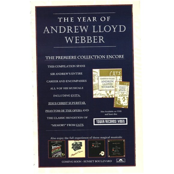 Year of Andrew Lloyd Webber Video Ad Cats 1990s  Vintage Print Ad 8 inch Tall - Picture 1 of 4